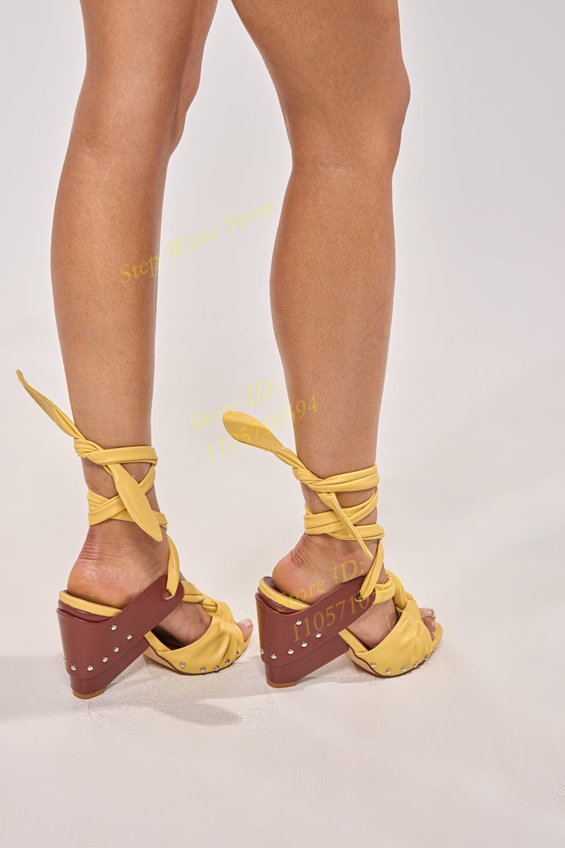 黄色のフェイクレザーレースアップストラップサンダルオープント - Women'S Shoes Yellow のレビューと価格