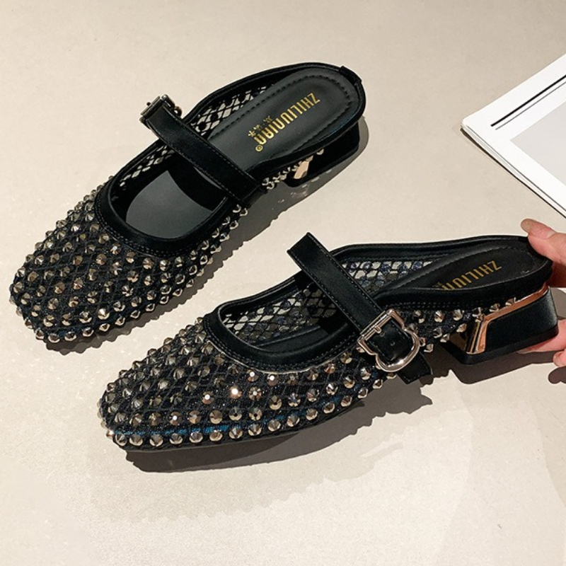 メッシュラインストーンチャンキーヒールミュールスリッパ女性通 - Women Shoes Sandals のレビューと価格
