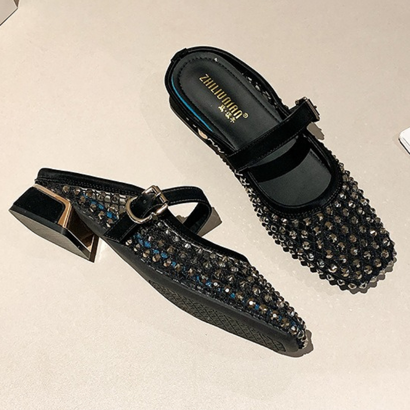 メッシュラインストーンチャンキーヒールミュールスリッパ女性通 - Women Shoes Sandals のレビューと価格