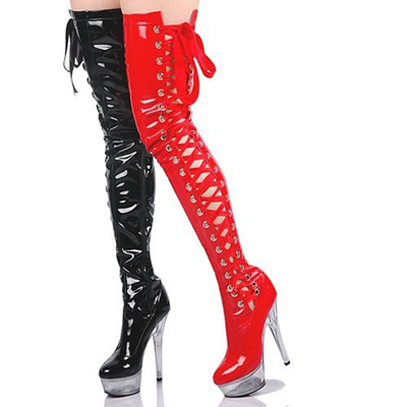 ピンクのパテントレザー透明プラットフォームウルトラヒール太も - Ribbon Tie Heel のレビューと価格
