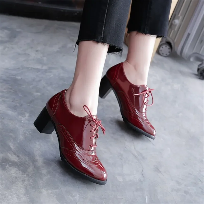 女性用パテントレザーハイブロックヒール、パーティードレス用パ - Oxford Lace Up Women のレビューと価格