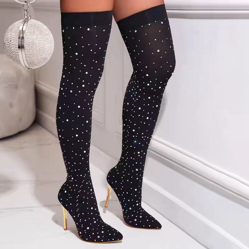 ラインストーン付きスリムレッグストレッチソックスブーツ レデ - Sock Boot Women のレビューと価格