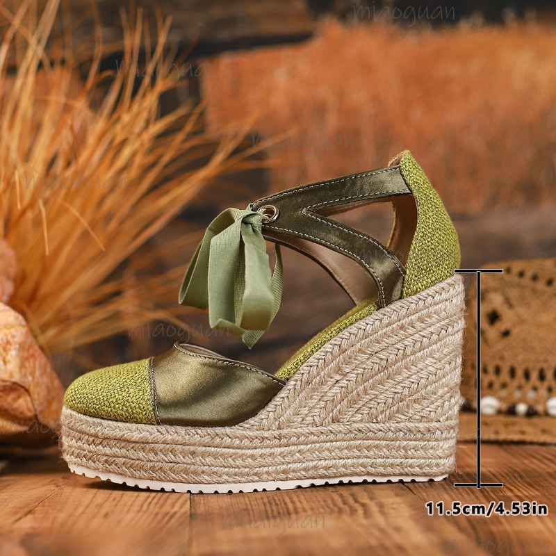 ラウンドトゥカバーヒール女性のレースアップサマーカジュアルサ - Espadrille Wedge Shoes のレビューと価格