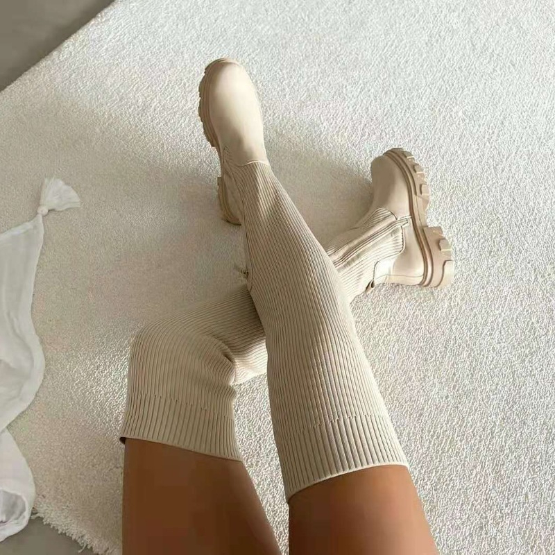 2025 冬の靴の女性の靴下ブーツファッション膝腿の高ブーツ - Sock Boot Women のレビューと価格