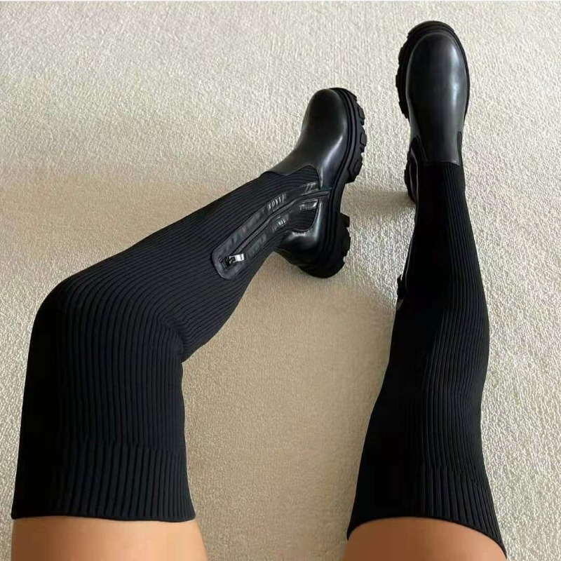 2025 冬の靴の女性の靴下ブーツファッション膝腿の高ブーツ - Sock Boot Women のレビューと価格
