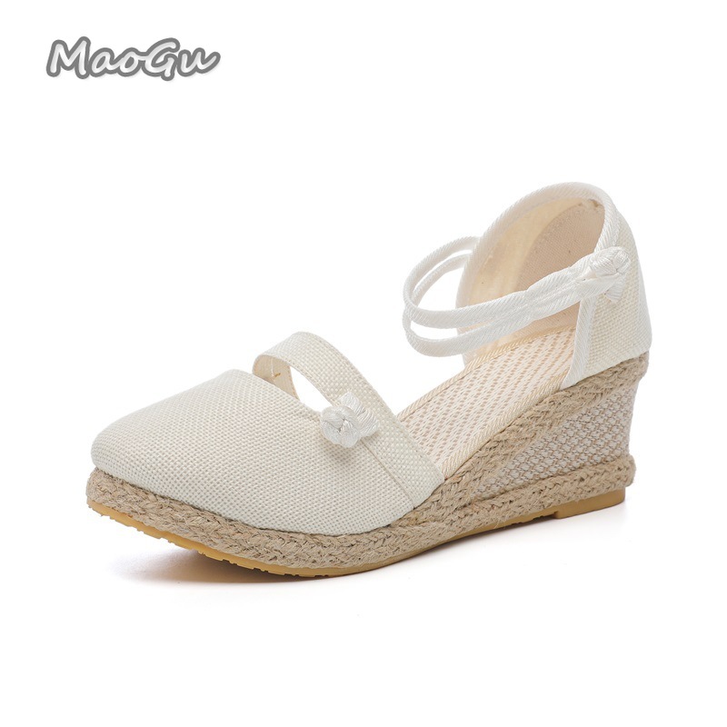 女性のリネンエスパドリーユウェッジサンダルラウンドトゥアンク - Espadrille Wedge Shoes のレビューと価格