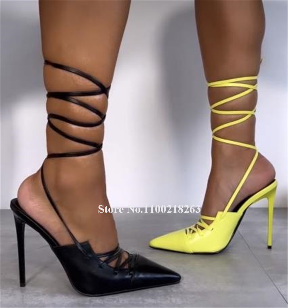 レースアップ細ヒールサンダル 最新 ポインテッドトゥ カット - Women'S Shoes Yellow のレビューと価格