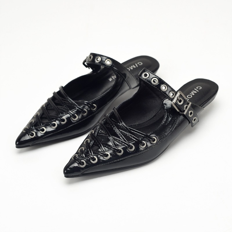 ポインテッドトゥレースアップ女性用スリッパ夏用PUレザーロー - Women Shoes Sandals のレビューと価格
