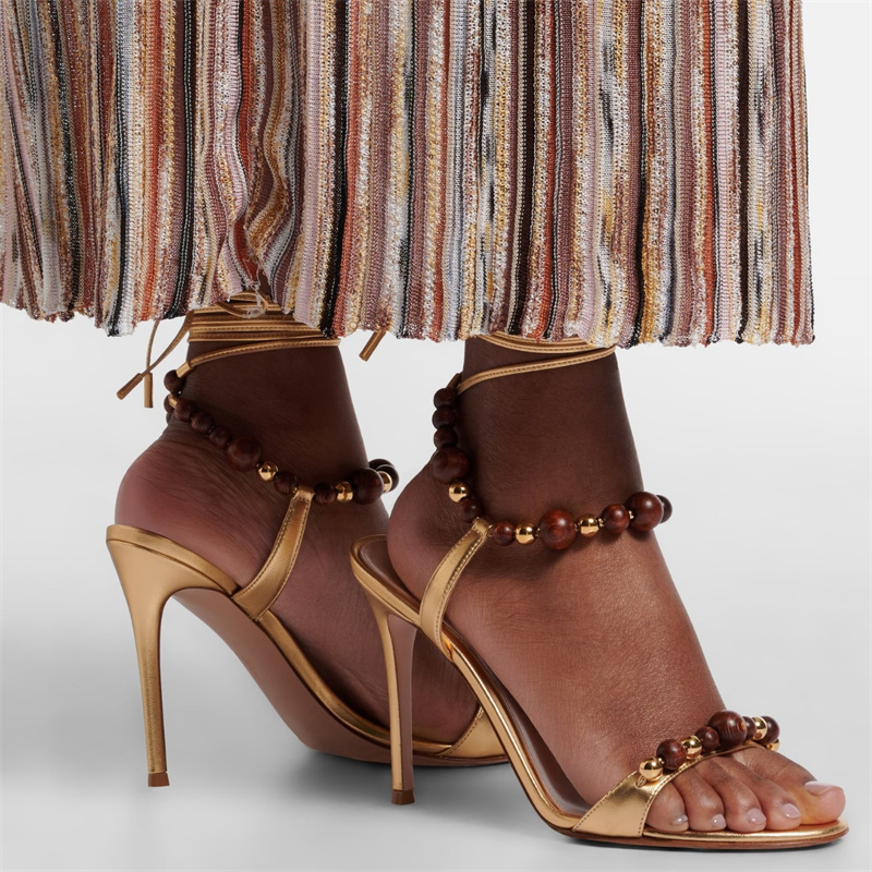 レトロな高級ブラウンレザーサンダル天然木ゴールドビーズ装飾ア - Platform Mule Heel のレビューと価格